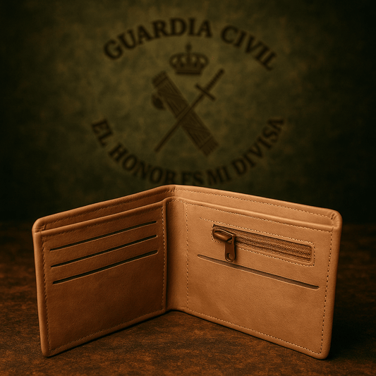 Cartera de símil cuero premium con diseño elegante, grabado GUARDIA CIVIL y compartimentos funcionales.