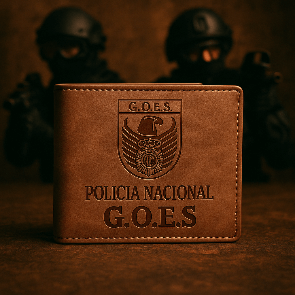 Cartera Policia Nacional G.O.E.S, elegante y resistente, con grabado distintivo, ideal para estilo y distinción.