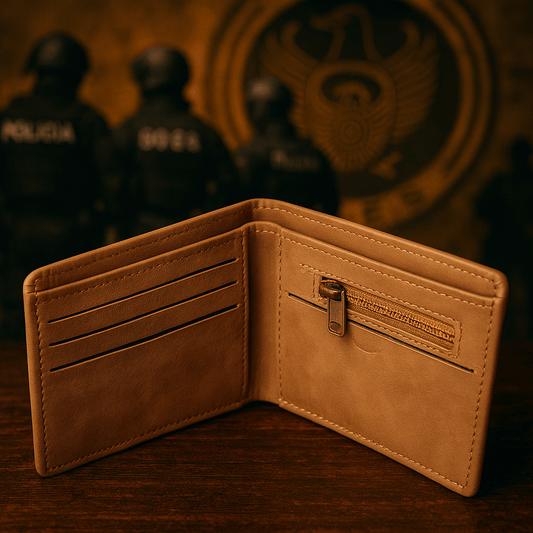 Interior view of G.O.E.S. Police National wallet, featuring card slots, a zipper pocket, and high-quality faux leather.