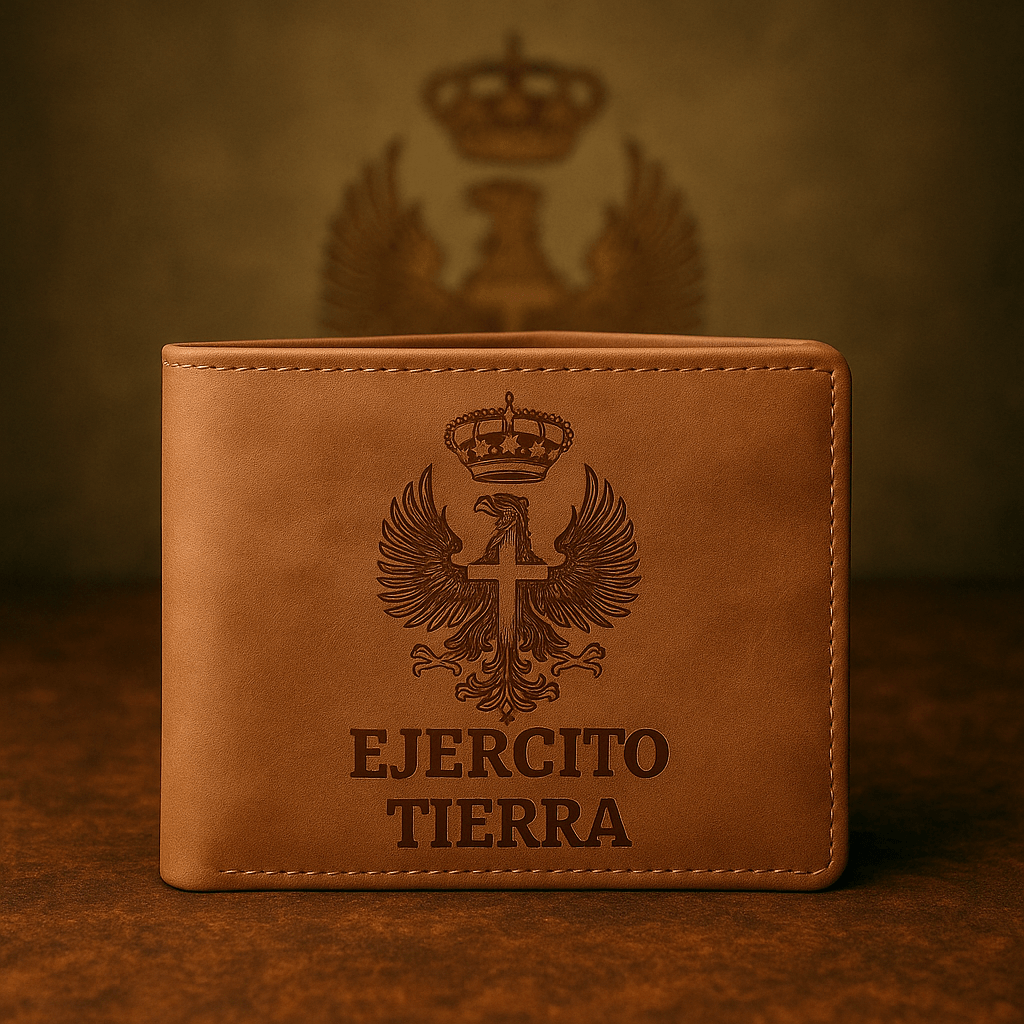 Cartera Ejercito de Tierra de símil cuero, elegante, con diseño exclusivo y grabado distintivo.
