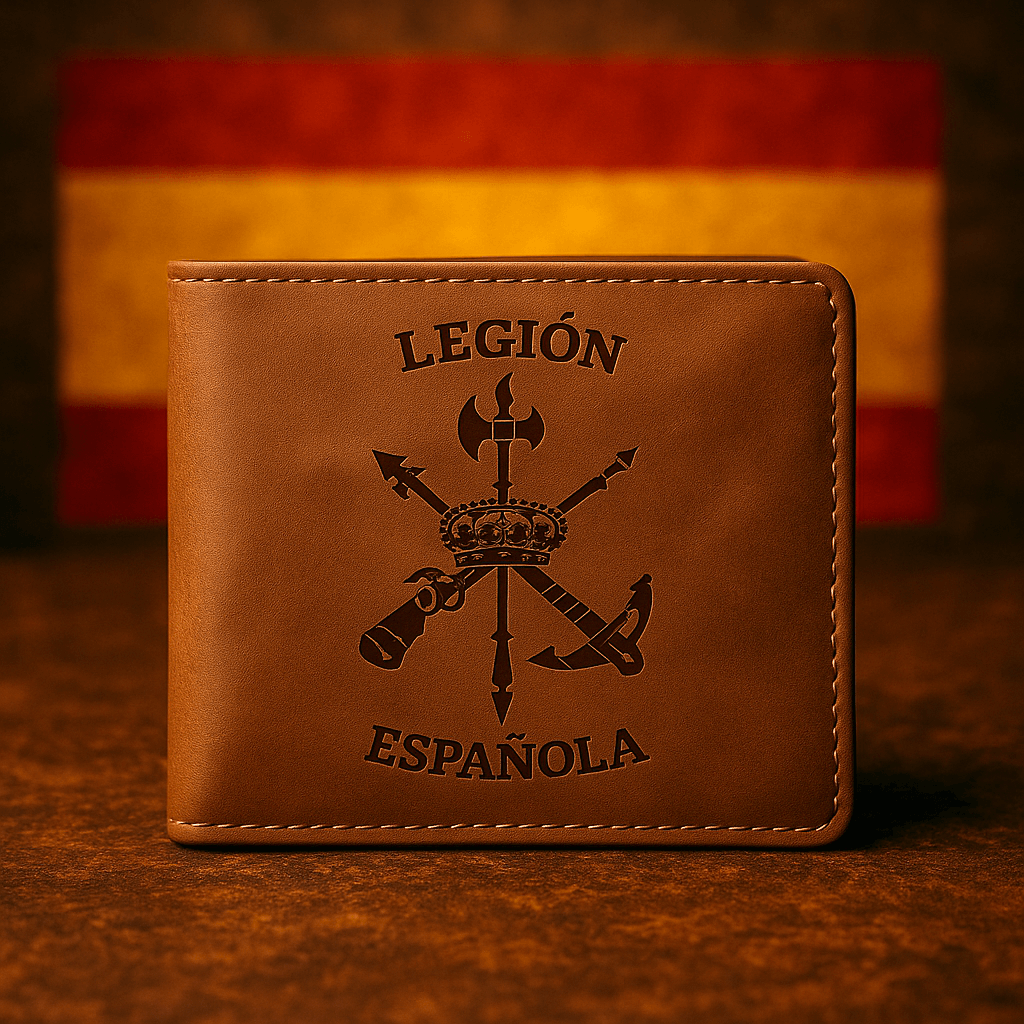 Cartera premium de símil cuero con diseño de la Legión Española, elegante y funcional, ideal para tarjetas y monedas.